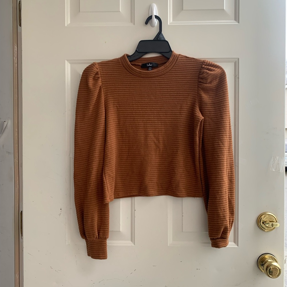 Lulu's Rust Ribbed Puff Sleeve Blouse - Picture 4 of 13
